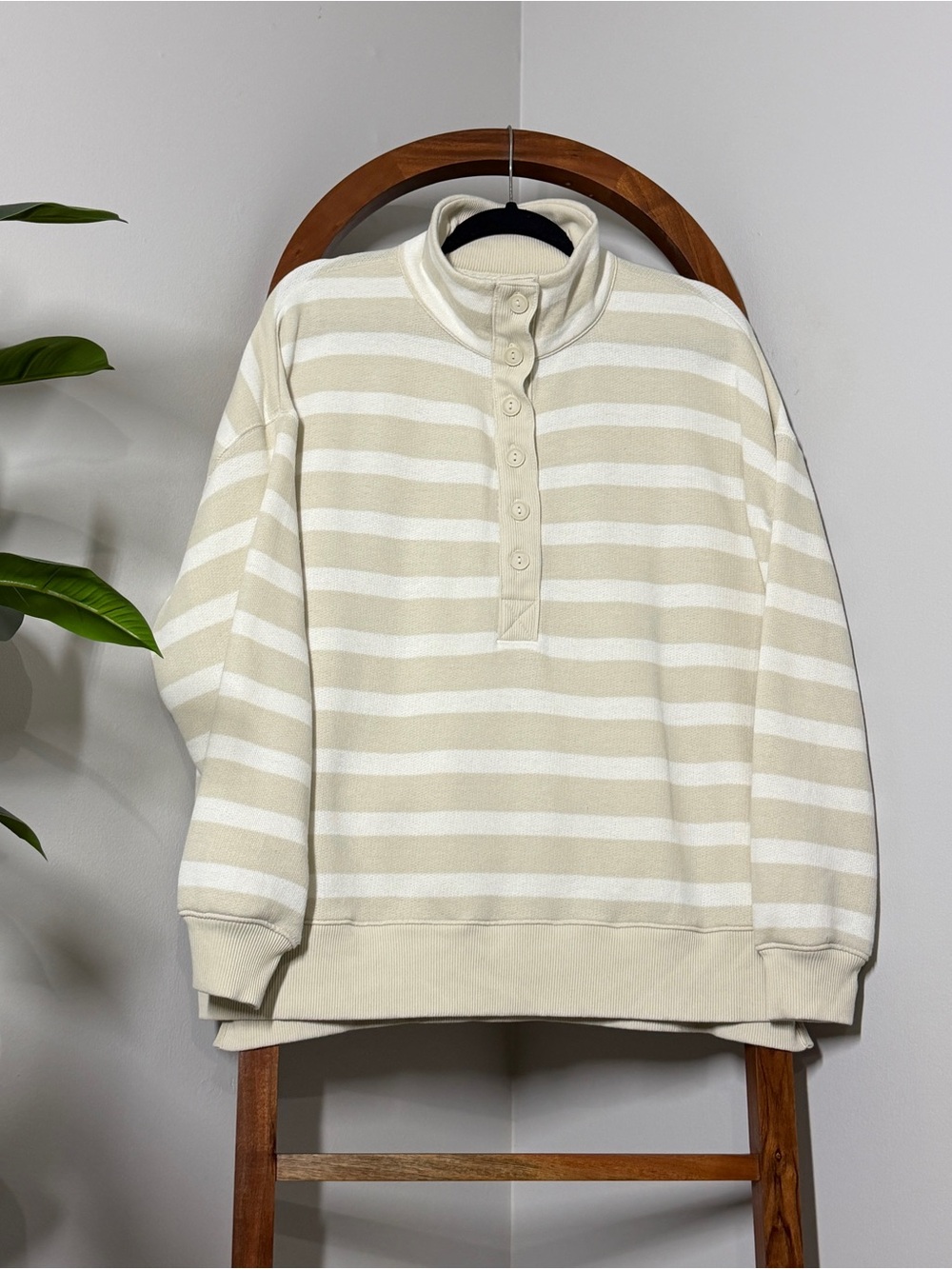 American Eagle Big Hug Henley/Half-Button Pullover in Cream & White Stripe